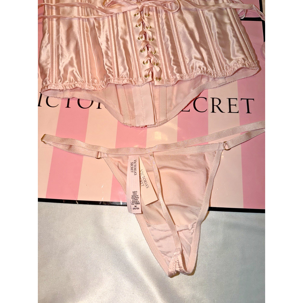 Victorias Secret Silk Corset Lace Up & Thong Pale Pink Beautiful Medium - Picture 5 of 6